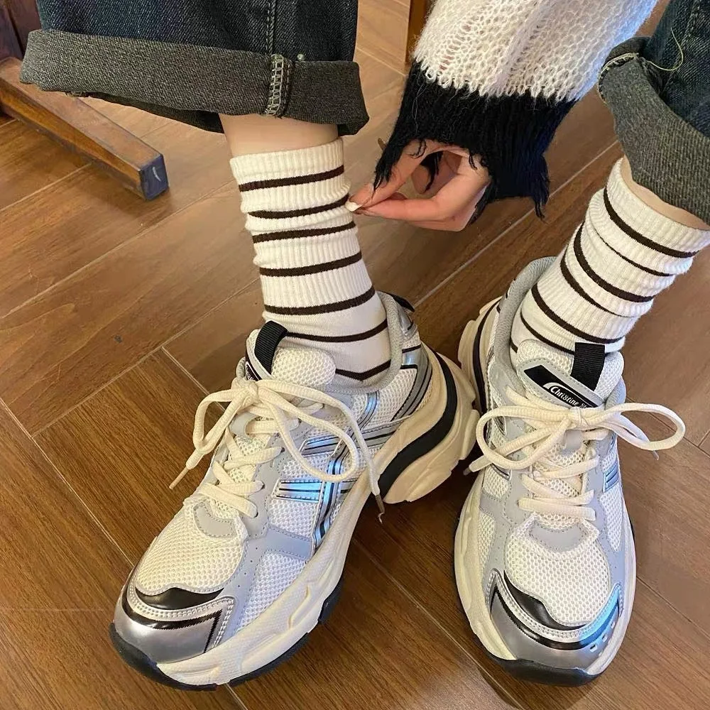 Women Korean Version New Striped Tube Socks Autumn Winter High Tube Socks Coffee Color Trend Versatile Casual Daily Wear Socks