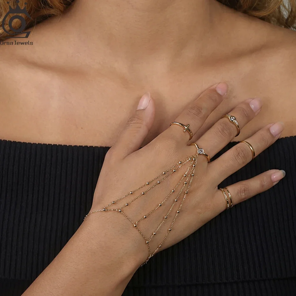 

ORSA JEWELS Personality S925 Silver Finger Ring Bracelets Chain Connected for Women Multilayer Luxury Link Bracelet APV04