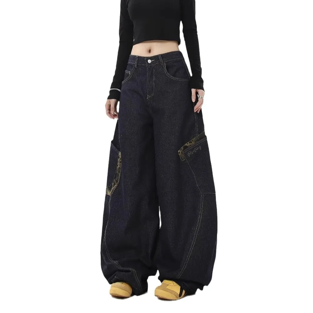 Uniesx Jeans 2025 Otoño Invierno nuevas mujeres pantalones vaqueros Retro desgastado leopardo Panel pierna ancha barril pantalones sueltos Slim Fit