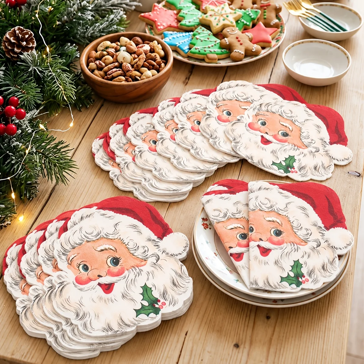 20Pcs Christmas Napkins Vintage Santa Claus Head Shaped Napkins Merry Christmas Home Table Decor Xmas Gifts for Christmas
