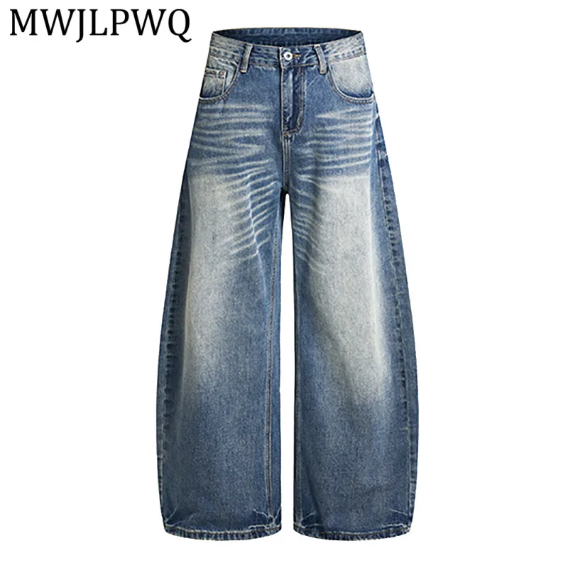 

Джинсы MWJLPWQ в американском уличном стиле, с эффектом потертости, с изогнутыми штанинами, мужские повседневные широкие длинные брюки, потертые, с эффектом стирки, 14223
