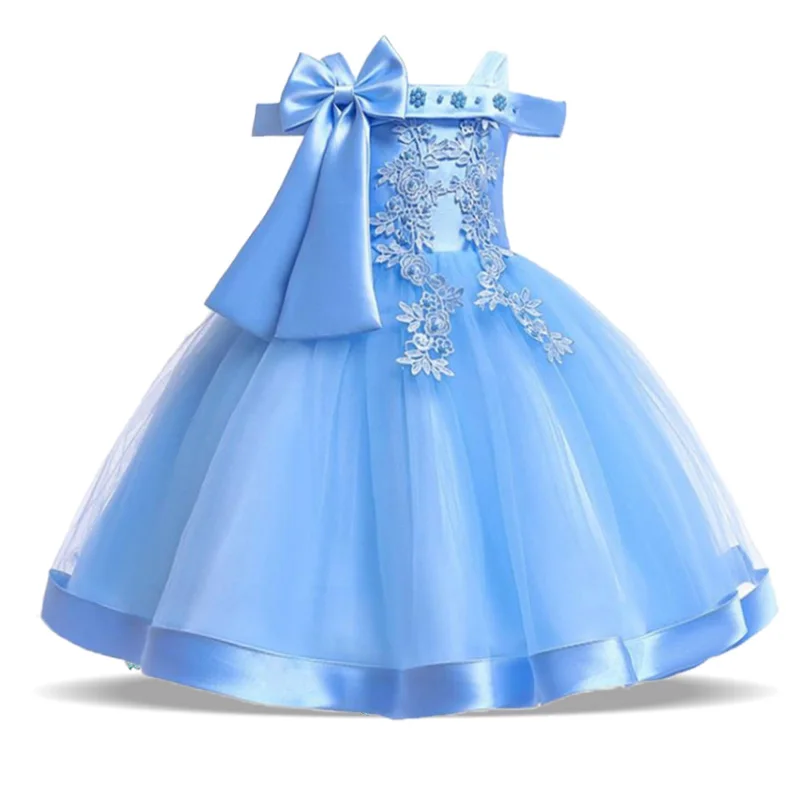 Verão ombro rosa flor crianças vestidos de festa para a menina crianças traje arco rendas casamento vestidos de princesa roupas de natal