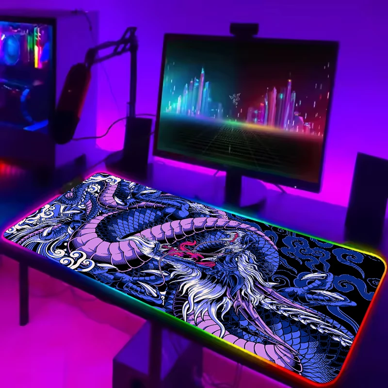 

Japanese Dragon Mouse Pad XXL RGB Keyboard Cover Colorful MousePad LED Light E-sports Mousepad Computer Gamer Glow Long Desk Mat
