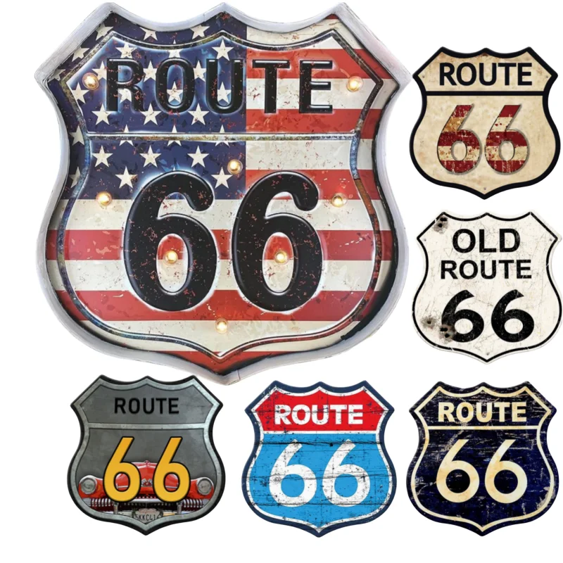 Route 66 America Tin Signs Vintage Metal Shield Shaped Plaques for Garage Man Cave Club Bar Home Wall Art Decor