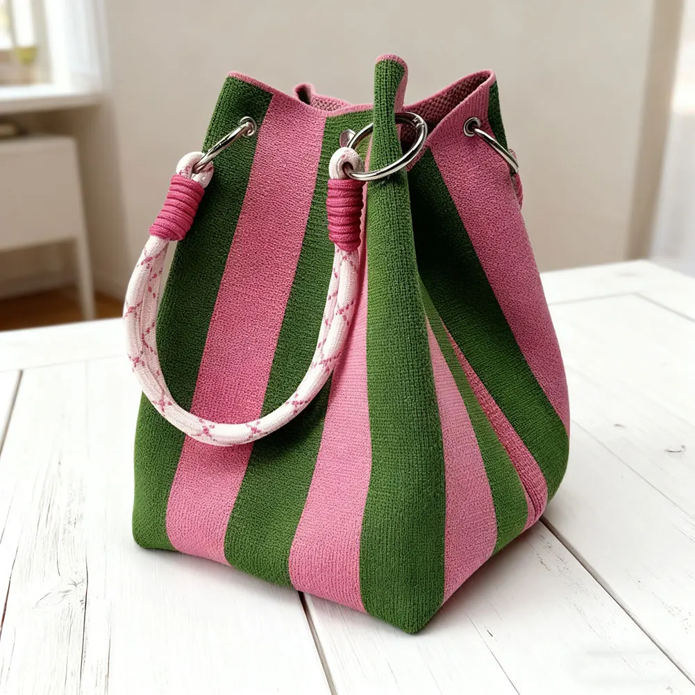 

Hand-Made Woven Bucket Bag,Large Capacity Boho Top-Handle Bag,Fashion Stripes Print Bucket Bags,Women's Handbag,Shoulder Bag