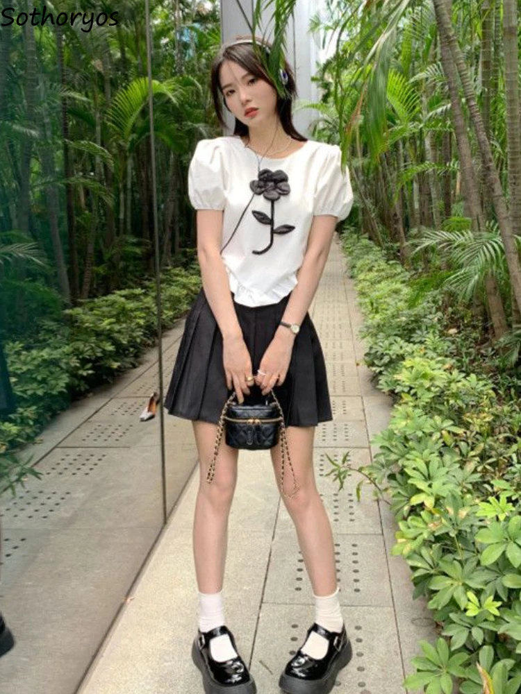 

Blouses Sets Women O-neck Minimalist Puff Sleeve Skirts Leisure High Waist All-match Chic Tender French Style Ladies Summer Cozy