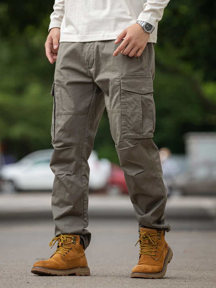 

American Retro ey Work Pants Men's Multiple kets Straight Casual Pants Autumn New Elastic Pants Faionable Urban Cotton