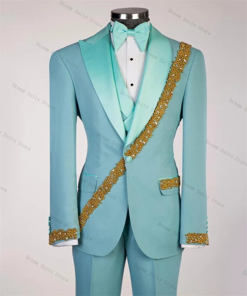 

Luxury Crystals Stone Men Suit Set 2 Piece Blazer+Pants Trousers Light Blue Customized Formal Office Jacket Wedding Tuxedos Coat