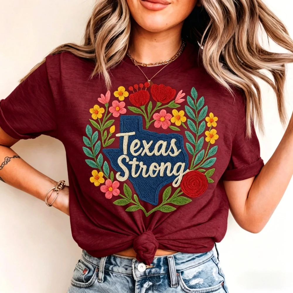 Girly Texas Strong Faux Embroidered Printed Shirt Preppy Floral State of Texas Tshirt Women Fashion Casual Daily Life Cotton Top