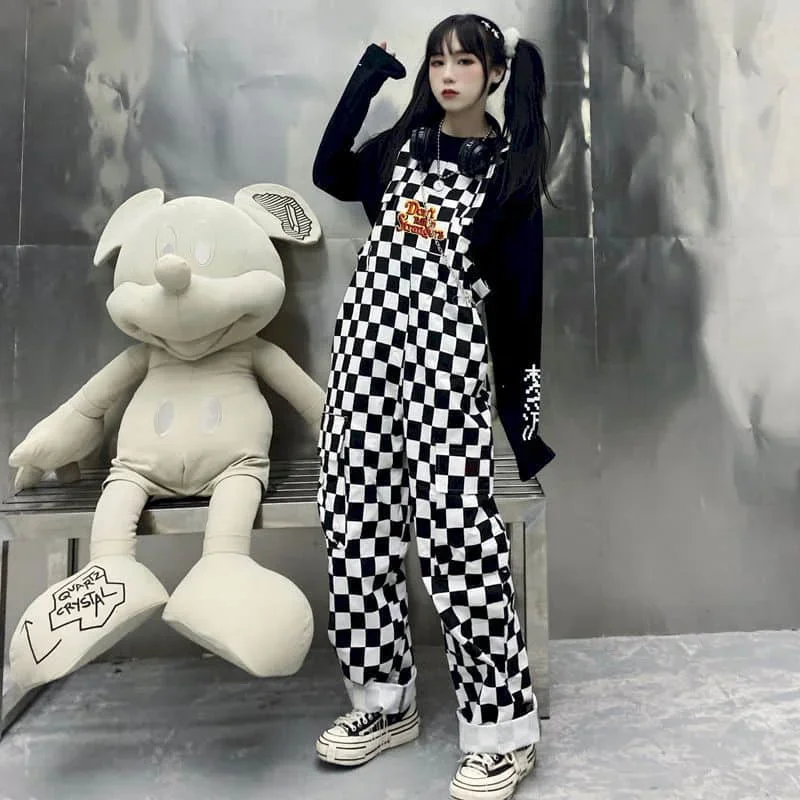 

2024 Spring Autumn Women Jumpsuits Vintage Casual Loose Wide Leg Overalls Plaid Print Streetwear Hip Hop Harajuku Punk