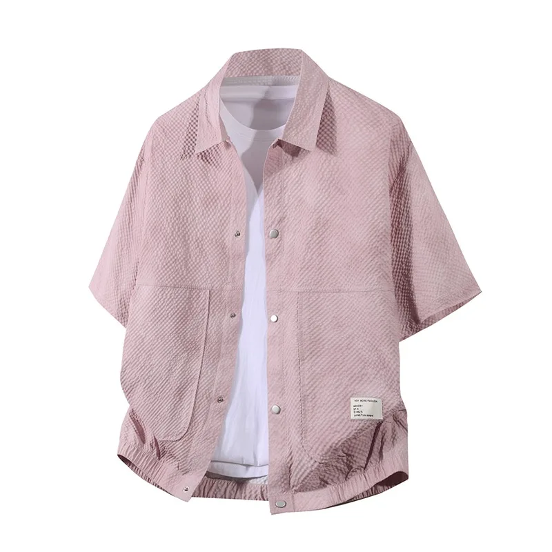 

Men's Dark Purple Textured Short Sleeve Button Down Shirt Oversized Casual Summer Shirt with Chest Pocket and Label for Streetw