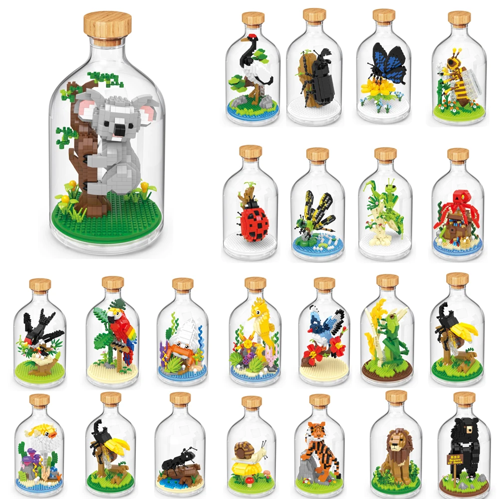 

Bottle Insect Diamond Building Blocks Animal Koala Bear Lion Seahorse DIY Assembled MOC Mini Brick Figure Toys With Display