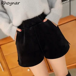 Velvet Black Shorts Women Fashion Korean Version Casual Elastic High Waist Autumn Winter Cozy Street Baggy All-match Chic Ladies