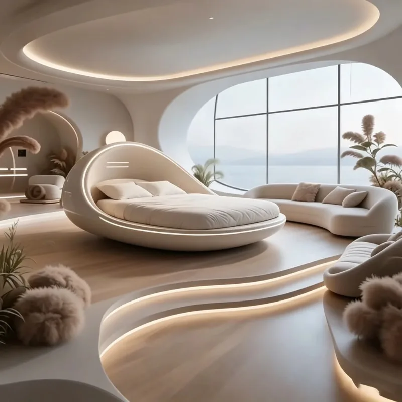 Cream teardrop-shaped fiberglass bed, built-in ambient LED light strip, curved closed frame, soft bedding