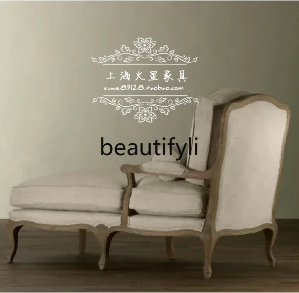 

Retro linen solid wood chaise longue American country single sofa recliner simple sofa9344