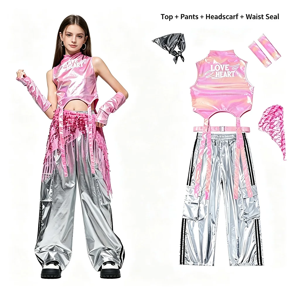 Kids Girls Pink Metallic Sleeveless Jazz Dance Costume Tassel Sequin Decor Silver Loose Hip Hop Performance Pants