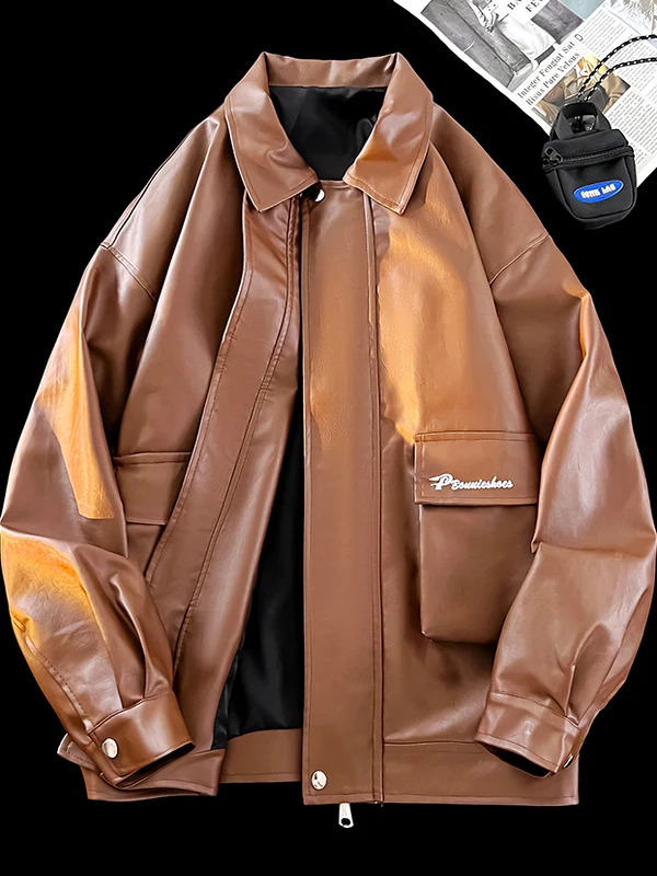 

Casual Sle Men's Biker Jaet PU Leather Coat Spring Autumn Large Size Loose Fit Faionable American Retro Outerwear