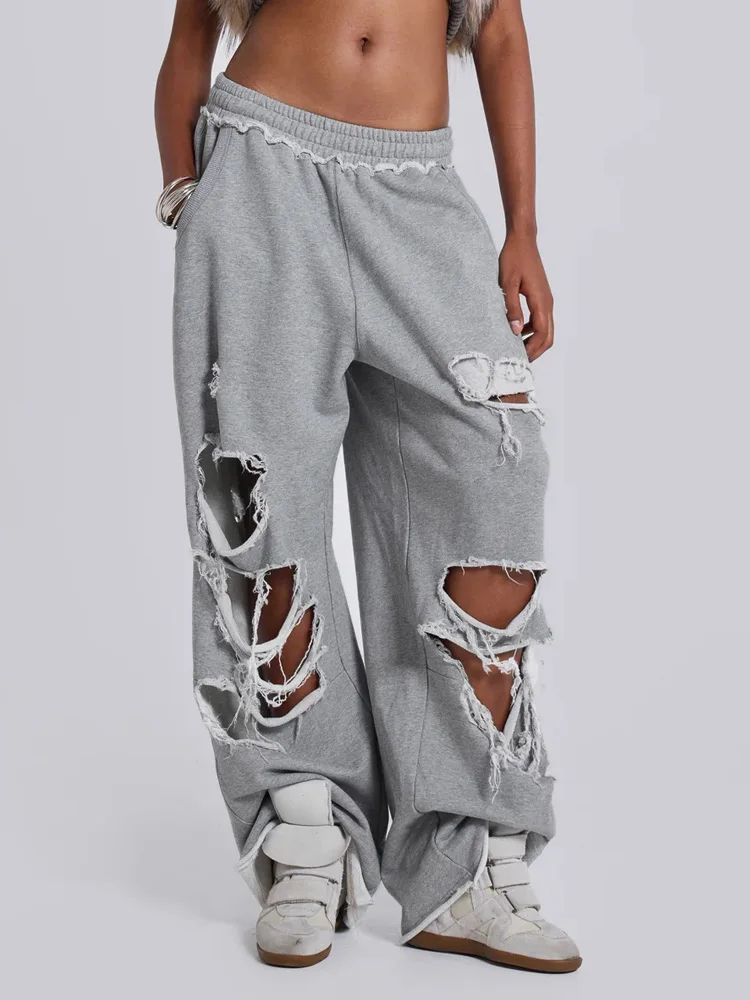 HOUZHOU Gray Ripped Women Pants Y2k Jogging Wide Leg American Retro Hip Hop Sweatpants Oversized Baggy Casual Streetwear Summer