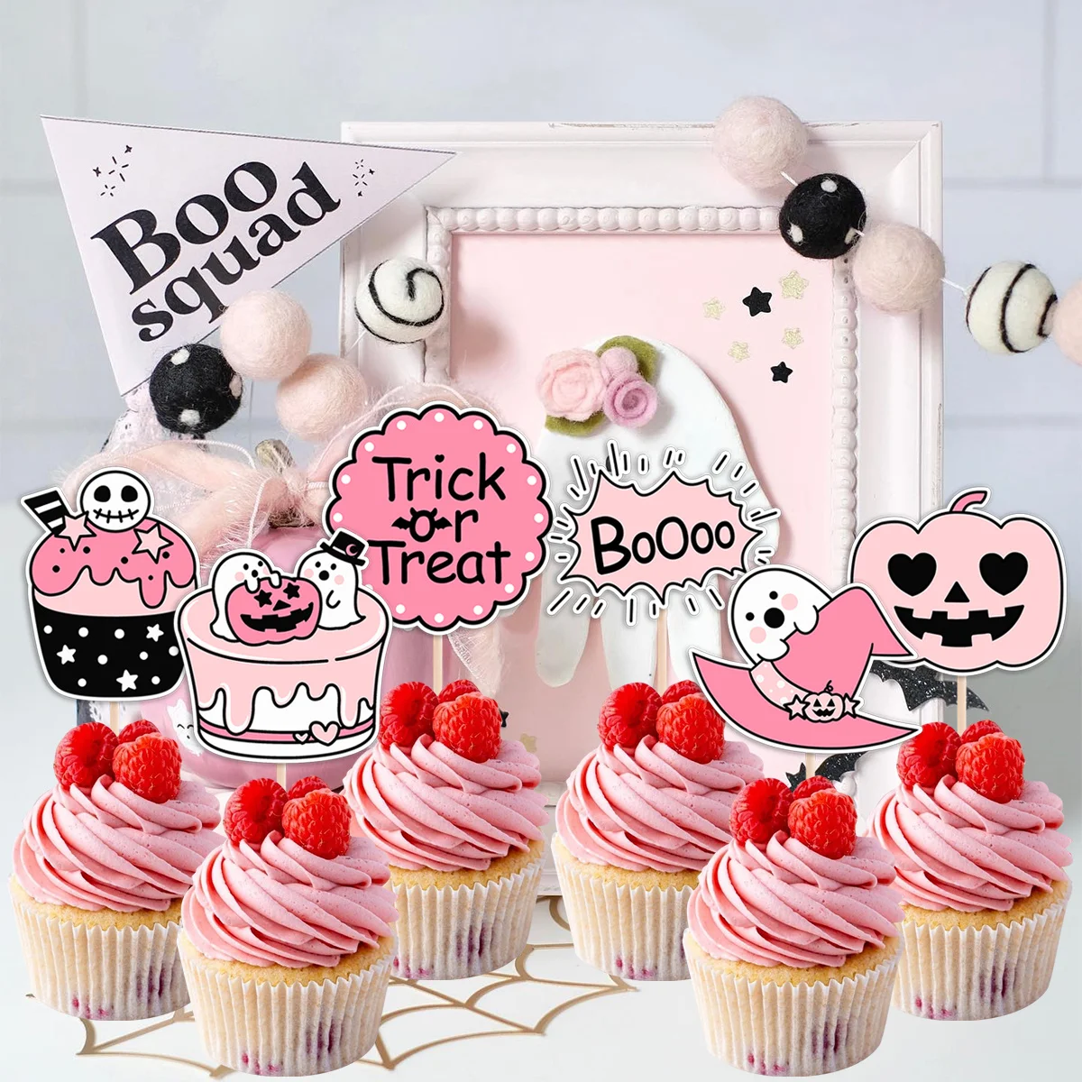 18Pcs Pink Pumpkin Ghost Cupcake Topper Cute Halloween Cake Toppers for Trick Or Treat Party Decoration Home DIY Party Supplies