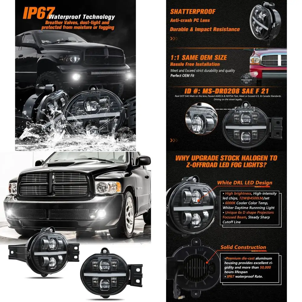 LED Fog Lights with White DRL for 2002-2008 Dodge Ram 1500 & 2003-2009 2500/3500 - Black Pair