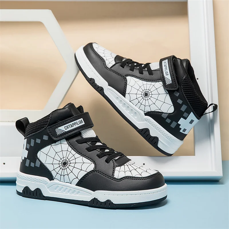 デザイン子供革製スニーカー男の子ハイカットシューズ2025新ファッションキッズスクールデイリーウォーキングカジュアルスポーツスニーカー男の子用