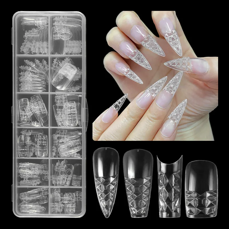 120 stücke konkave konvexe 3D-Kristallglas gefälschte Nail Art Tipps transparente trapezförmige lange spitze Nägel Nail Art Patches Erweiterung