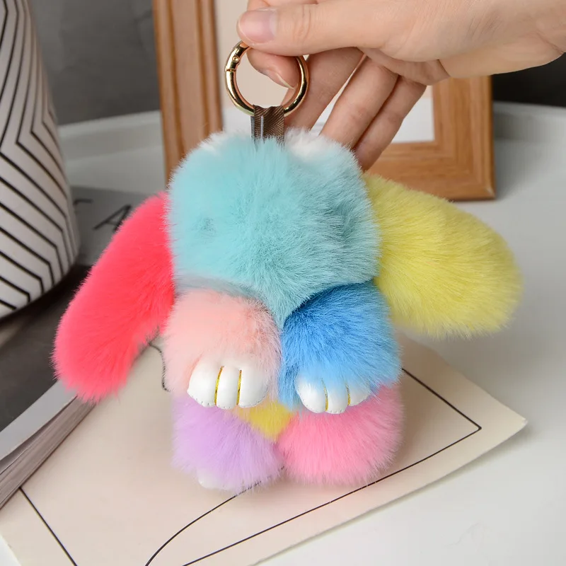 15cm Rabbit Fur Keychain Women Bag Car Key Chain Pendant Decoration Jewelry Bag Hangings Plush Ornament Pendant Accessories Gift