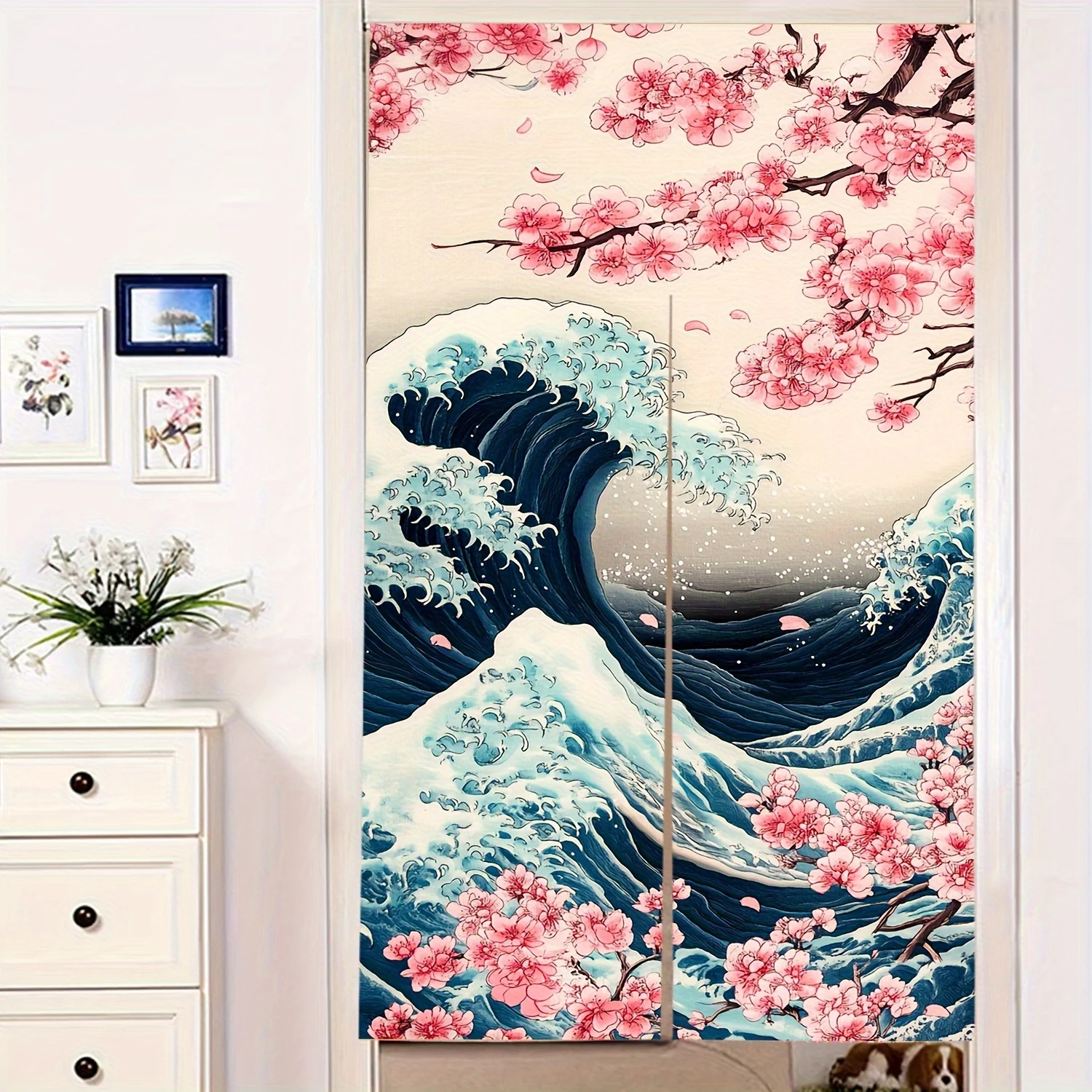 VIKAMA Kanagawa Wave and Cherry Blossom Half-Door Curtain, Kitchen and Bedroom Entryway Divider, Home Decor