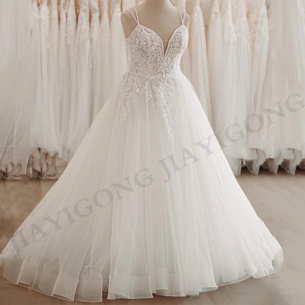 New Arrival Wedding Dress Customized Beading Spaghetti Straps V Neck Backless Tulle Glitter Bridal Gown Bride Vestido Novia