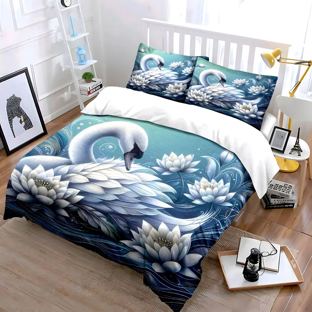 Swan with Blooming Lotuses Printed Duvet Cover Set1 Duvet Cover+2 PillowcaseMulti Size Bedroom Bedding Decor Luxury gifts