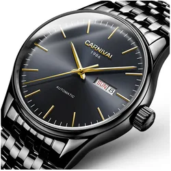 CARNIVAL Brand Luxury Black Steel Automatic Men Watches Waterproof Date Sport Mechanical Watch Men Clock Gold Hand reloj hombre