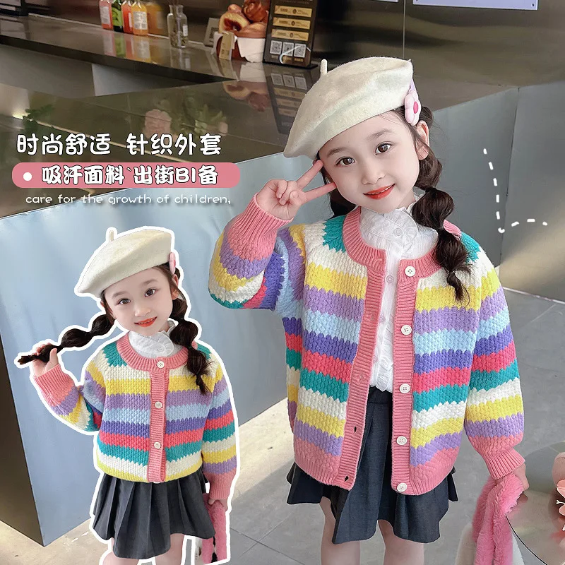 

Girls' Rainbow Striped Knitted Cardigan Jacket Autumn Spring Fashion Kids Soft Casual Sweater Jumper Versatile Long Sleeve Top