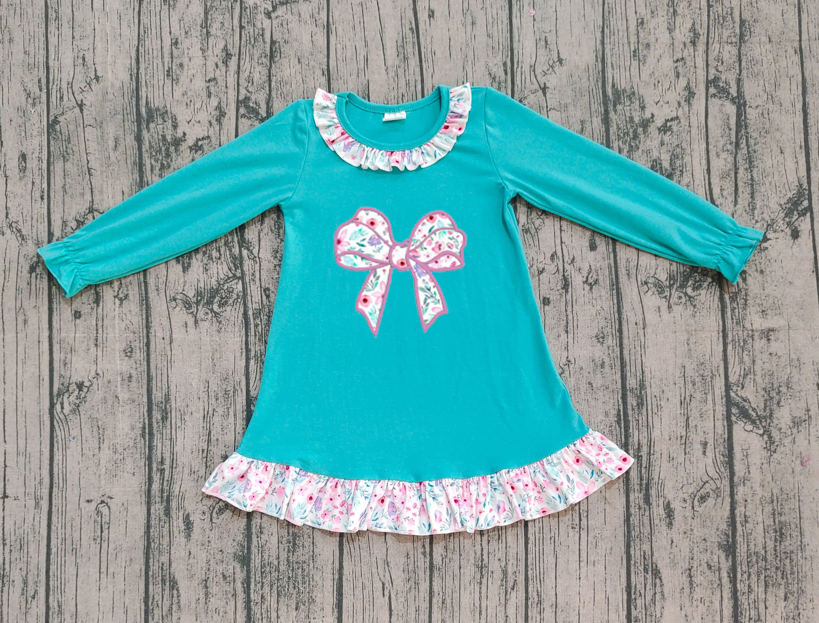 Z927-13 GLD1204 Детская одежда для девочек Детское платье с длинными рукавами и бантами с принтом