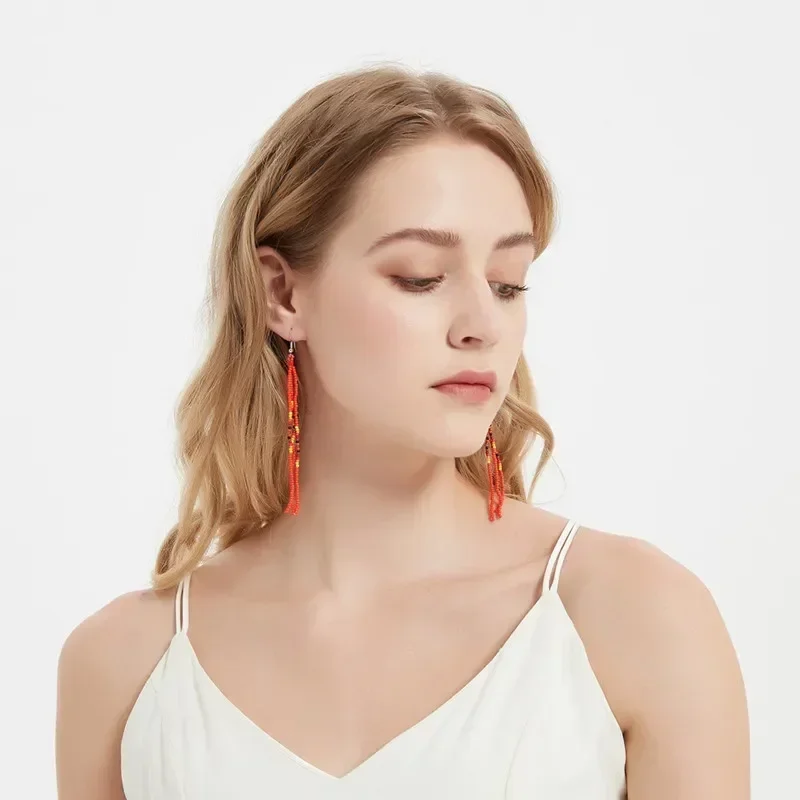 Beaded earrings Rainbow Gradient color Bohemia Alloy Hand knitting Tassel Original Fashion Simple Female Rice bead earrings