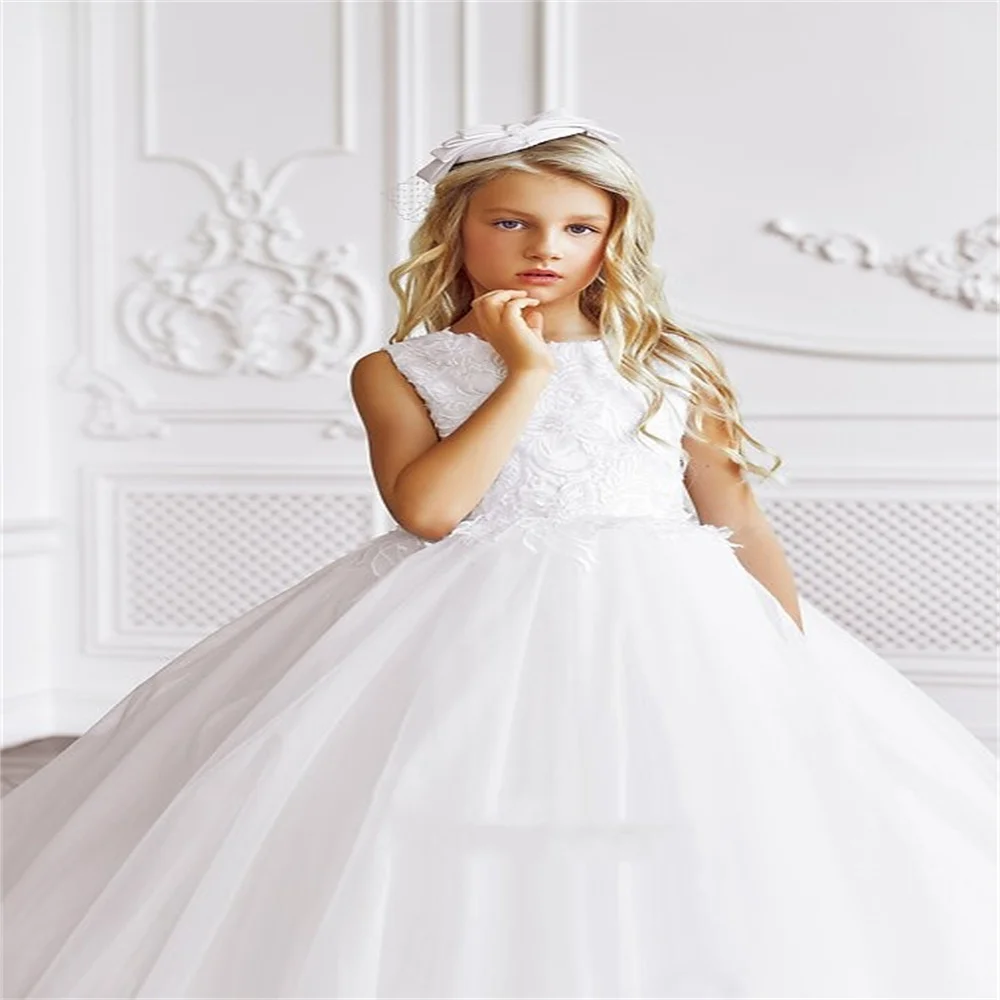 White Sleeveless Flower Girl Dress Princess For Wedding  Lace Applique Beaded Ball Gown Pageant First Communion Dress