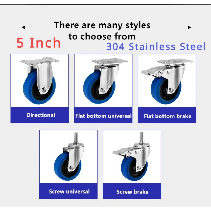 (4 Packs) 5 Inch 304 Stainless Steel Casters Medium Blue TPR Twin Shaft Rubber Universal Roller Silent Wheel Caster 330KG
