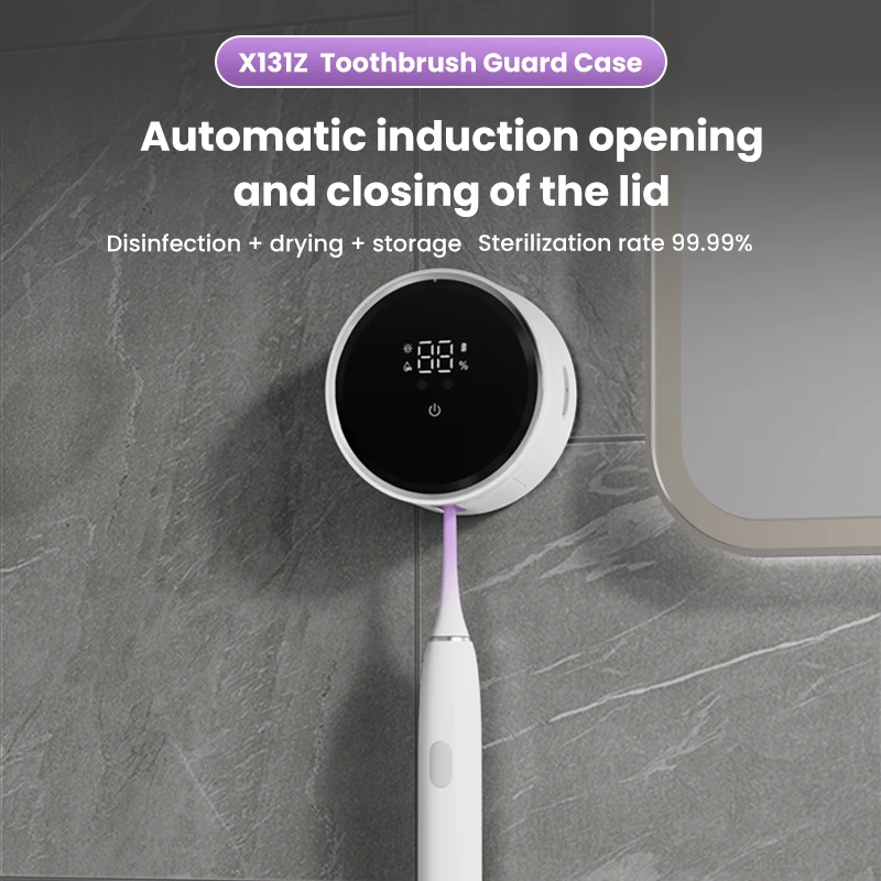 Esterilizador y Secador de Cepillos de Dientes con Sensor Automático UVC, Pantalla LED, Soporte Intercambiable para 1/2 Cepillos y Maquinilla de Afeitar, Montaje en Pared Sin Perforaciones