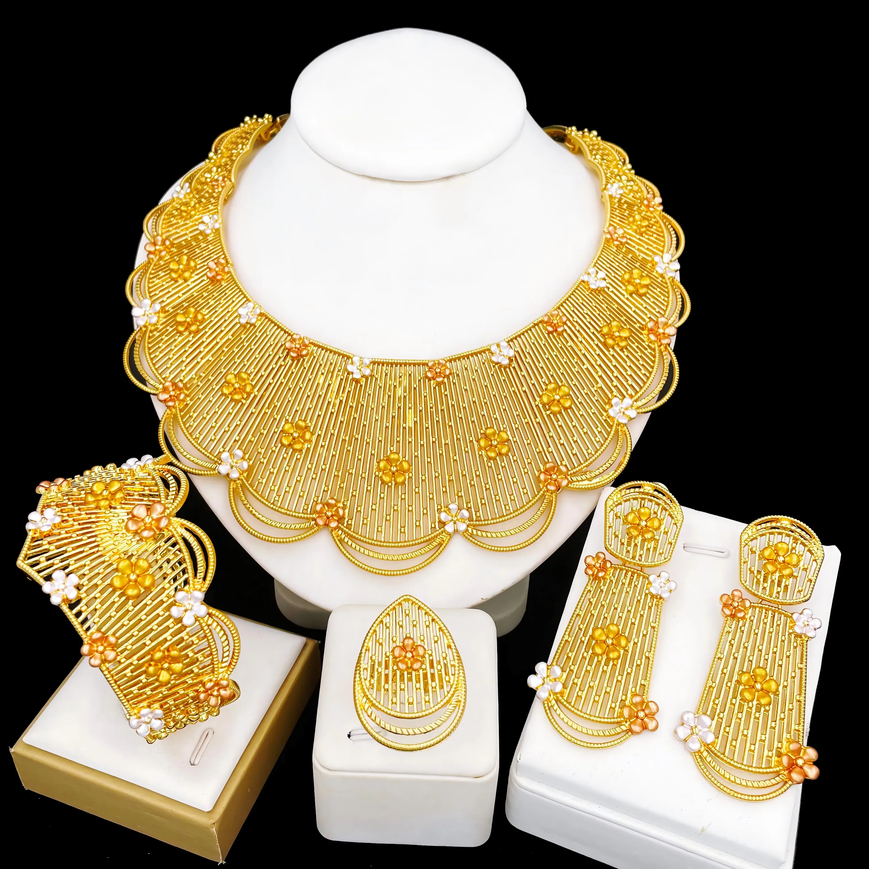 Jewelry Set For Women Tricolor Plating Luxury Design Necklace Earrings Bangle And Ring Full Set Jewelry Wedding Party Gift