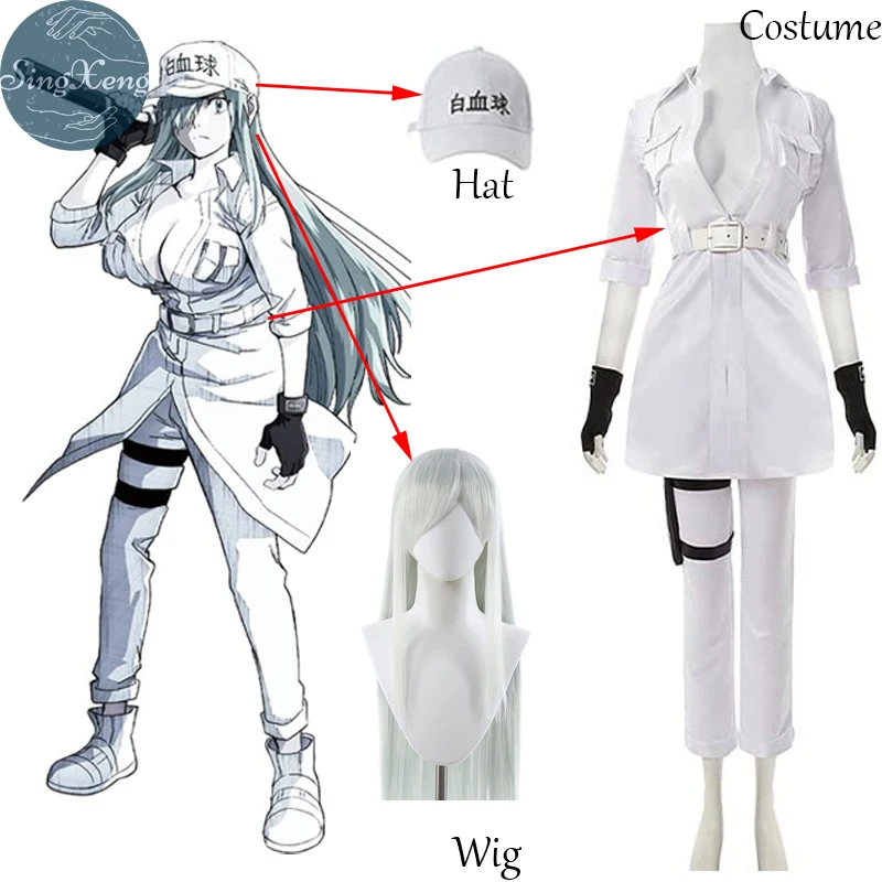 

SingXeng Anime Cells At Work! White Blood Cell Neutrophil Cosplay Costume Uniform Suits Customize Halloween Christmas Wigs Shoes