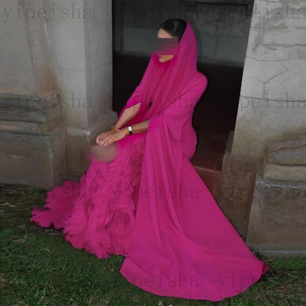 Customized O-Neck Evening Dresses Full Sleeve 3D Flowers Appliques A-Line Prom Gown Simple Long Saudi Floor-Length Party Dress