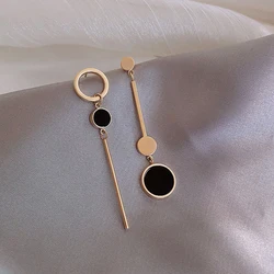 Korean Black Round Geometric Drop Earring For Women Hollow Circle Metal Asymmetric Long Dangle Earring Party Festival Jewelry