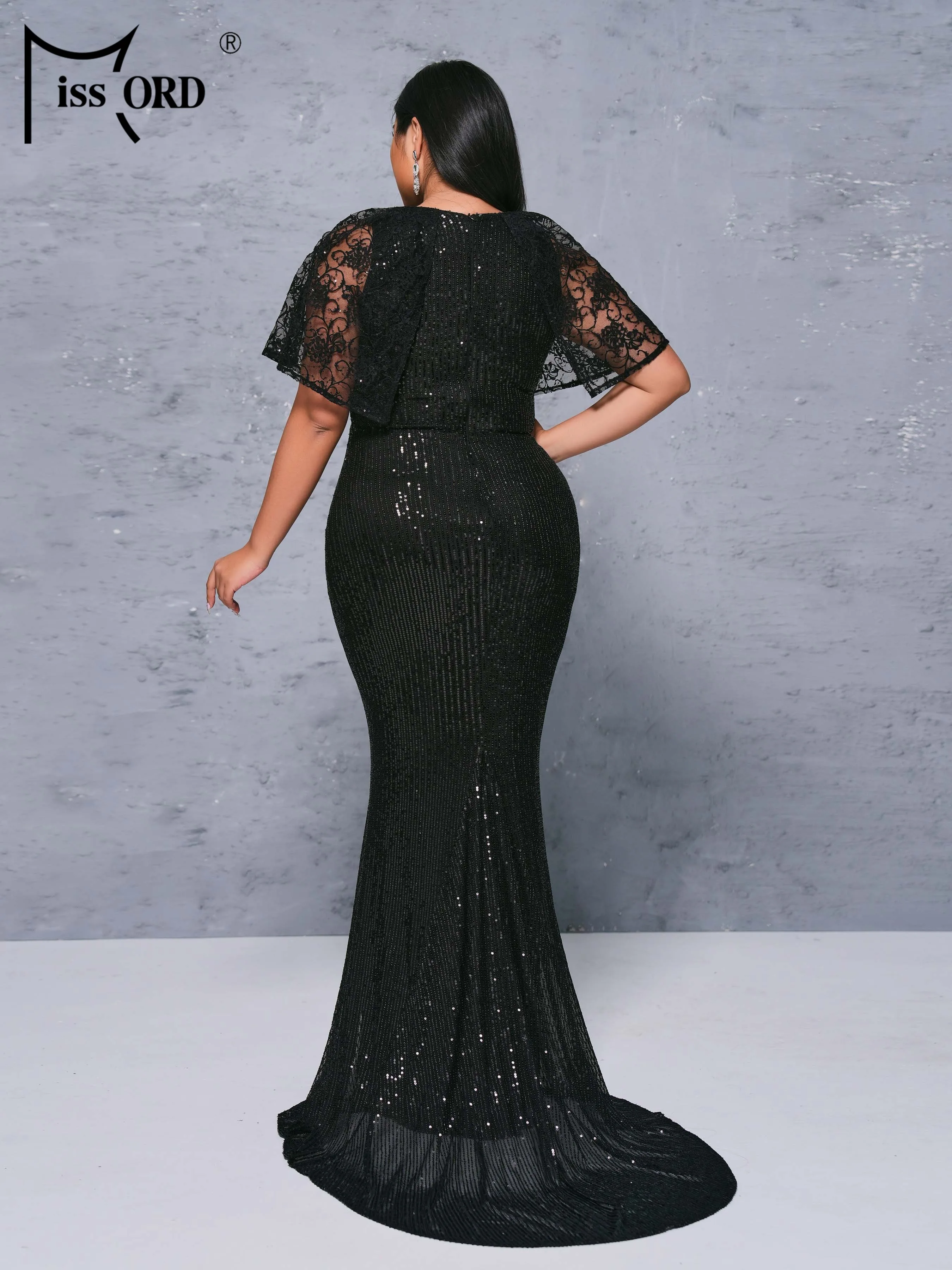 Missord Plus Size Black Round Necked Sequin Short Sleeved Mermaid Evening Formal Occasion Dresses