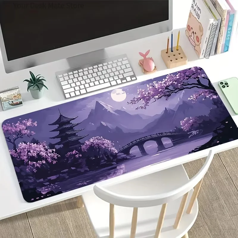 Large  Night‑view Mouse Pad, Oriental Pagoda Cherry Blossom Bridge Scenery Non‑Slip Gaming Desk , Extended Keyboard Table Pad