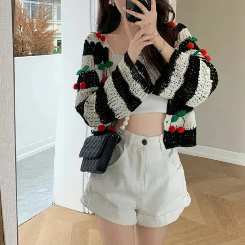 2024 Year New Spring Autumn Long Sleeve Fashion Contrast Color Striped Hollow Out Knitted Coat Loose Laziness Button Cardigan