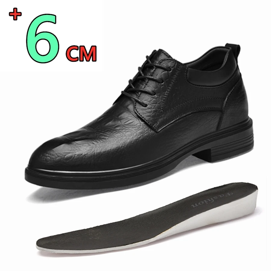 Sapatos crescentes de altura de couro genuíno para homens, sapatos elevador de negócios, invisível mais alto, calçado de casamento clássico, tamanho grande 36-47, 6cm