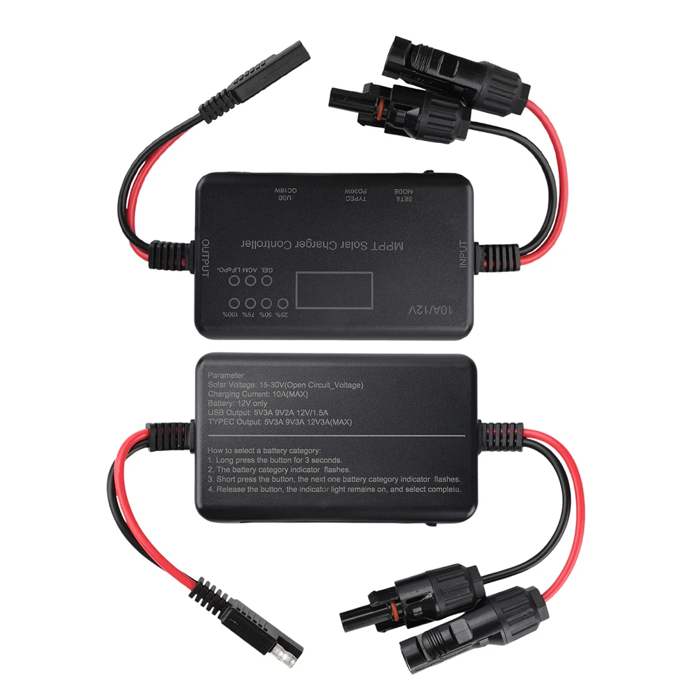 MPPT 10A Solar Panel Charge Regulator 12V Battery Charger Overcurrent Reverse Protection Auto Off LCD Display USB Type C