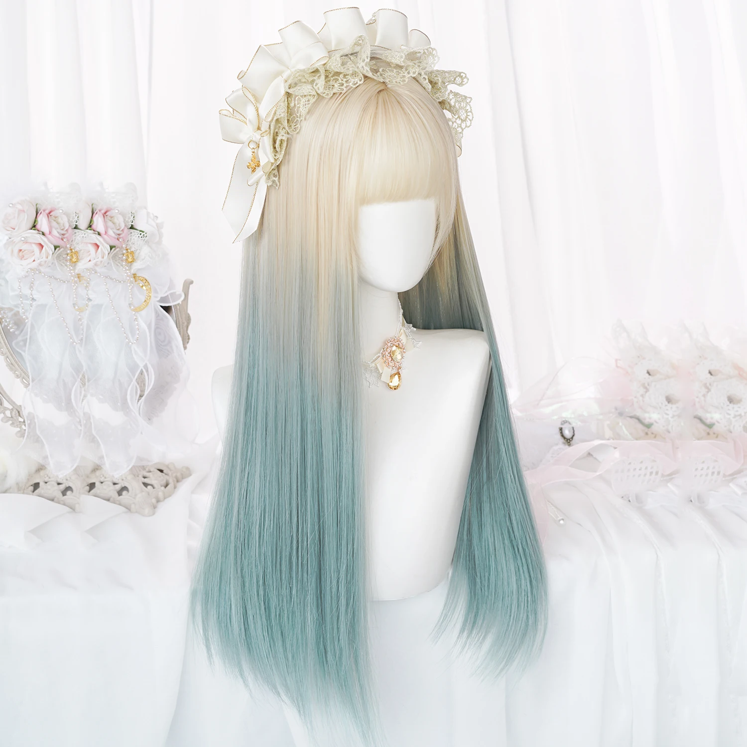Long Straight Synthetic Hair Gradient Blue-green/Purple Grey Cosplay Wig with Bangs Lolita Style Women's Wig