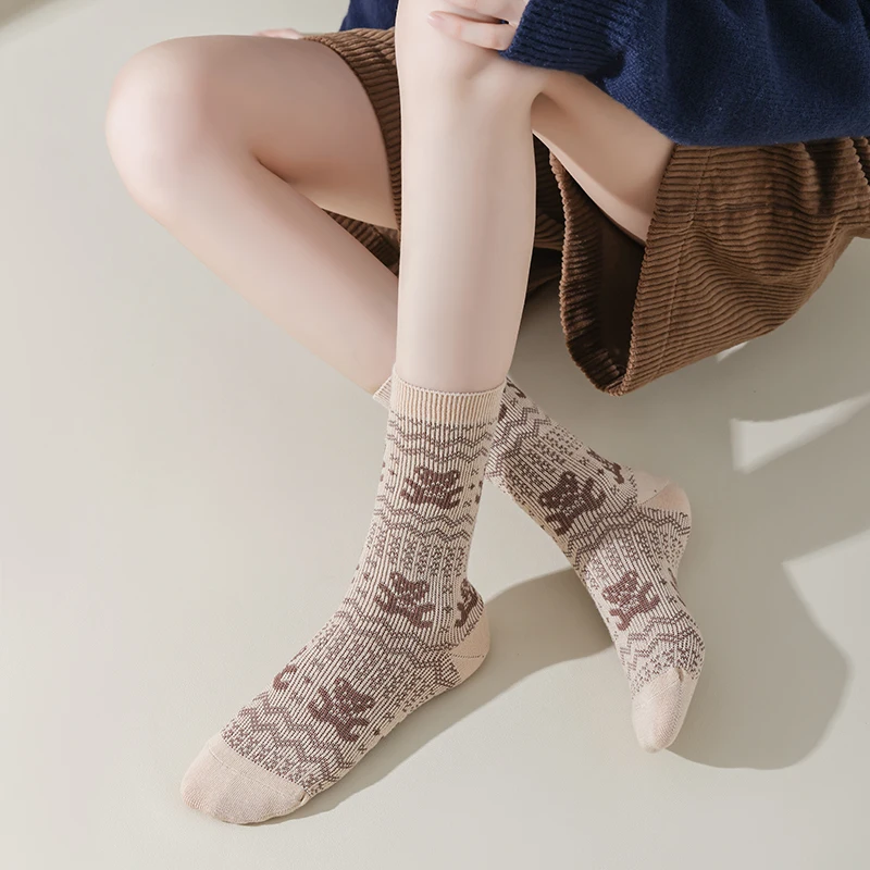 3 Pairs Combed Cotton Women Socks for Winter Autumn Retro Style Mid Crew Socks High Quality Comfortable Cotton Tube Cute Socks