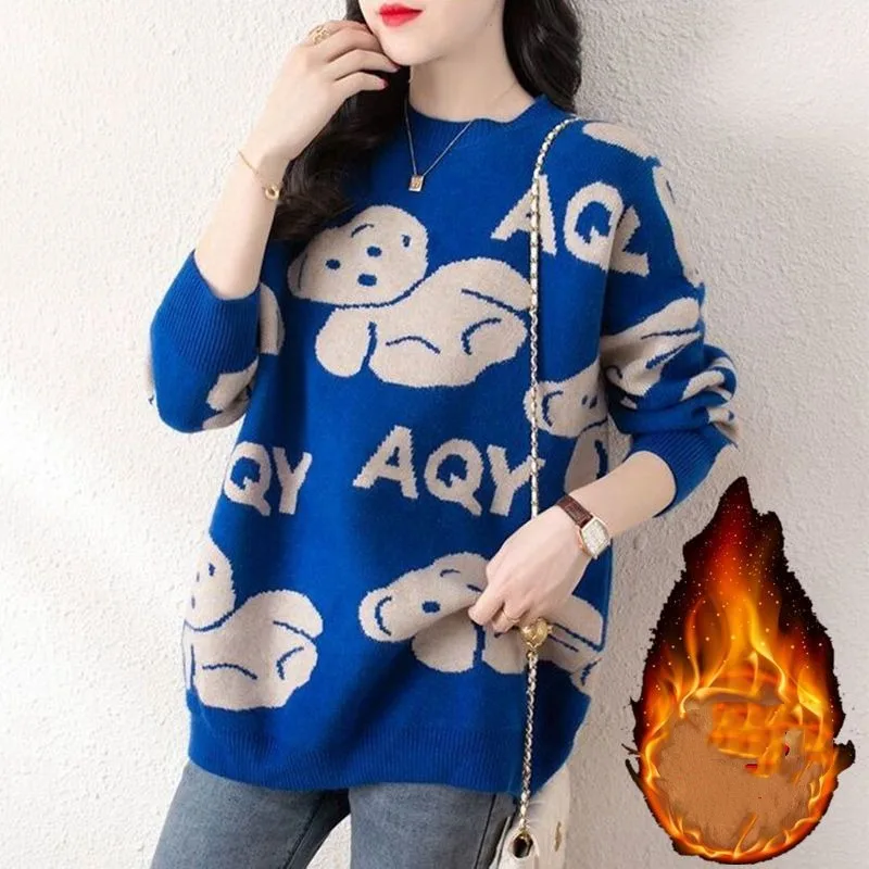 Women's Pullover Letter Animal Long Sleeve Sweater Autumn and Winter Korean Office Lady Round Neck Thickened Loose Large Knitted