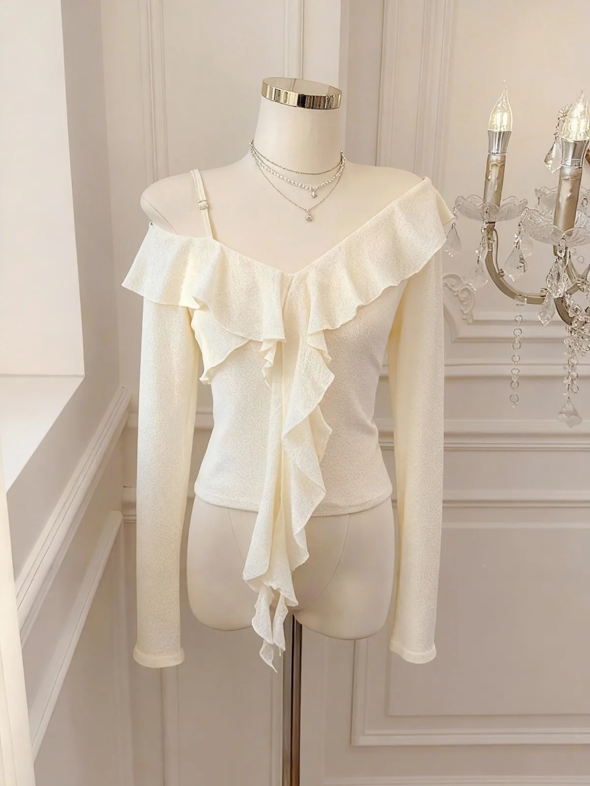 

Spring 2026 Sweet Sle Women's Knitted oulder Bared Slim Fit Top Korean Sle Long Sve V Ne Lace Trim Versatile Quali...